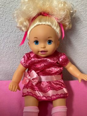 Mattel Blonde Curly Hair Baby Doll in Pink Dress